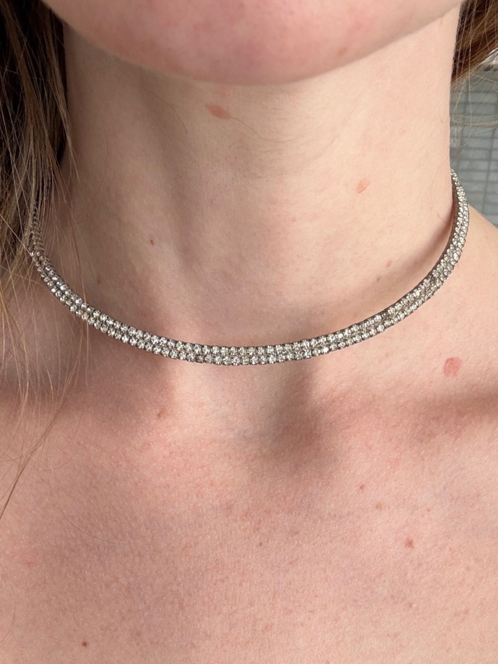 Faux Diamond Rhinestone Choker Necklace | Silver Tone Statement Jewelry